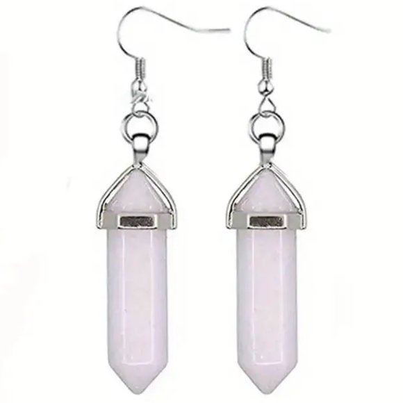 Rose Quartz Natural Stone Gemstone Handmade Hexagon Point Dangle Earrings - Picture 1 of 2